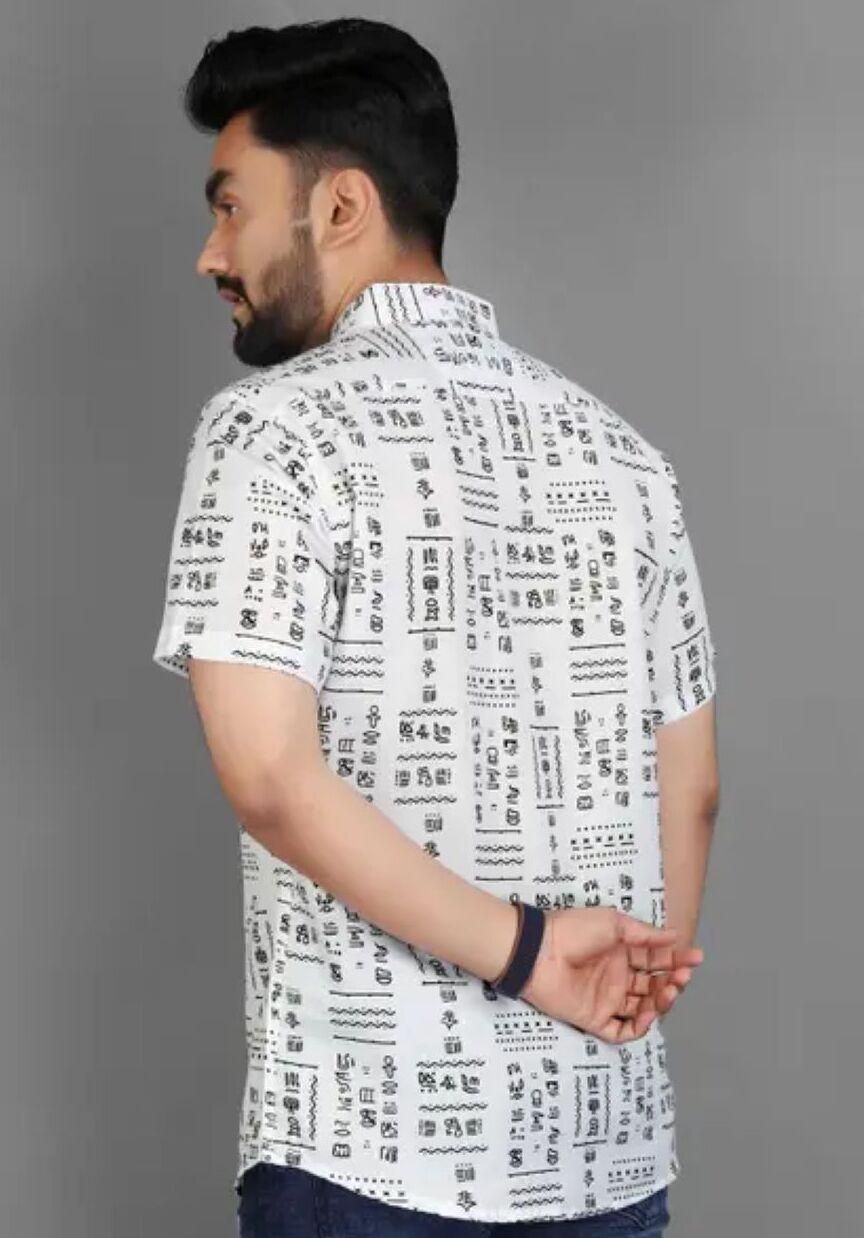 Men’s Printed Half Sleeves Casual Shirt – Regular Fit, Cotton, White & Black, Spread Collar (Pack of 1)
