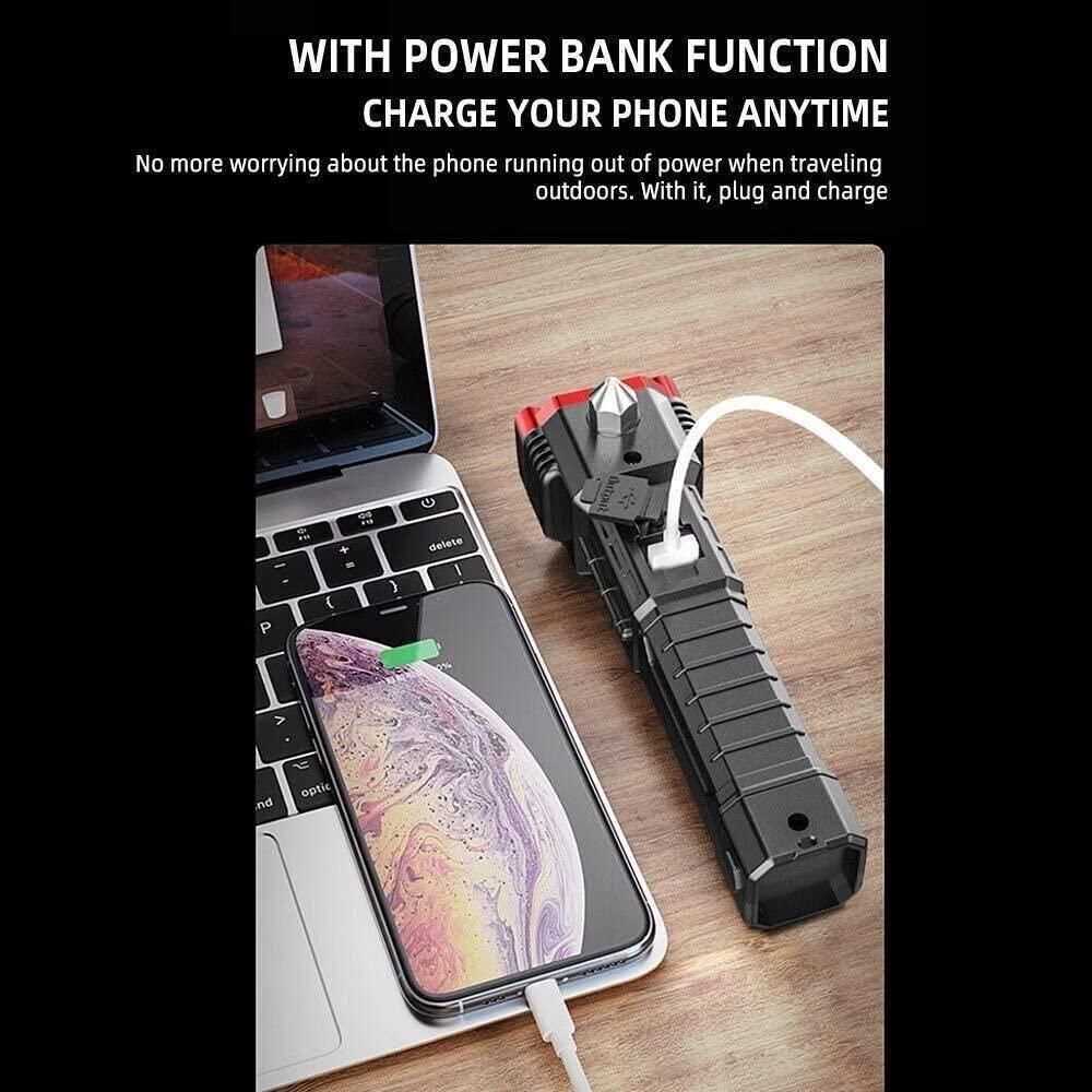 Portable Rechargeable LED Torch Flashlight with Safety Hammer, Power Bank & Strong Magnets – Pack of 1