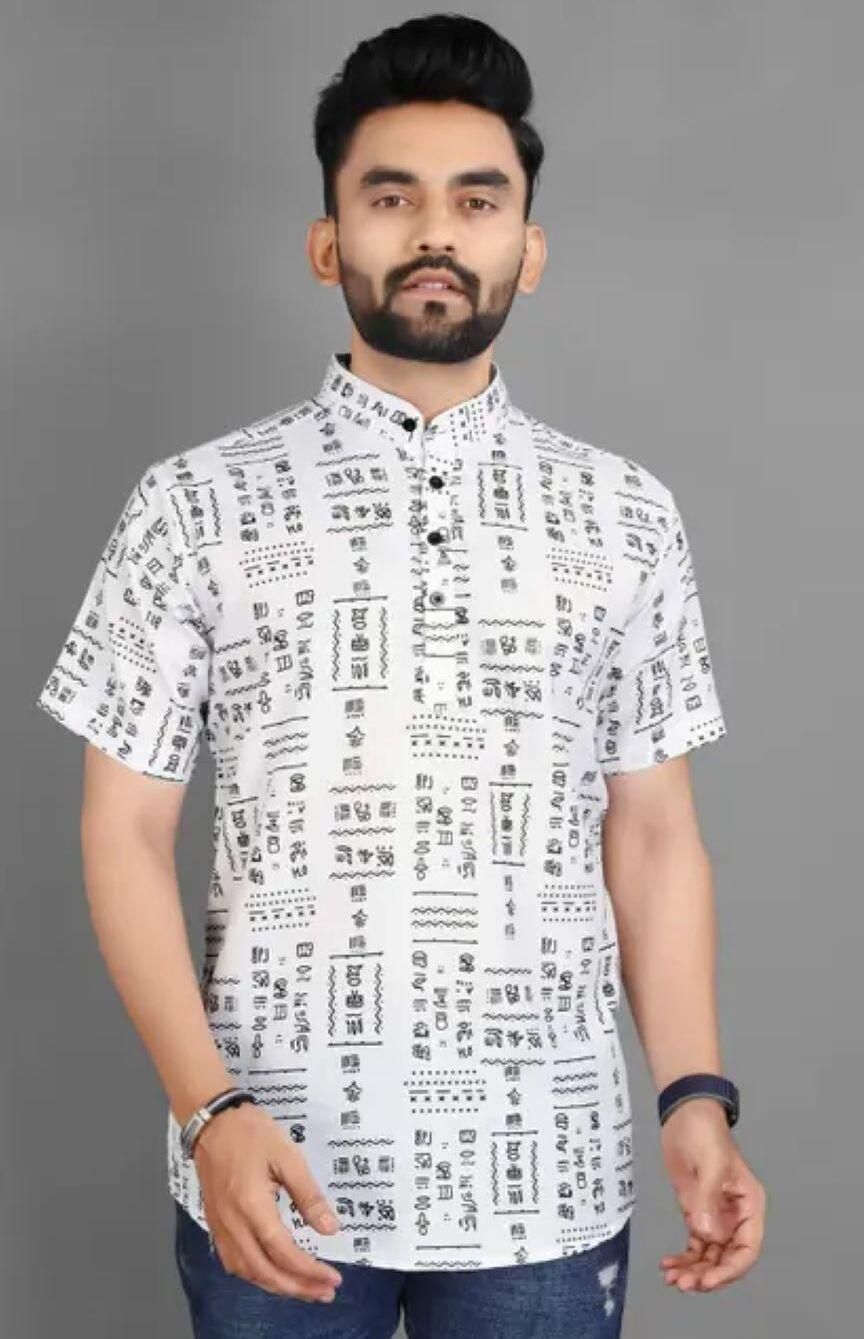 Men’s Printed Half Sleeves Casual Shirt – Regular Fit, Cotton, White & Black, Spread Collar (Pack of 1)