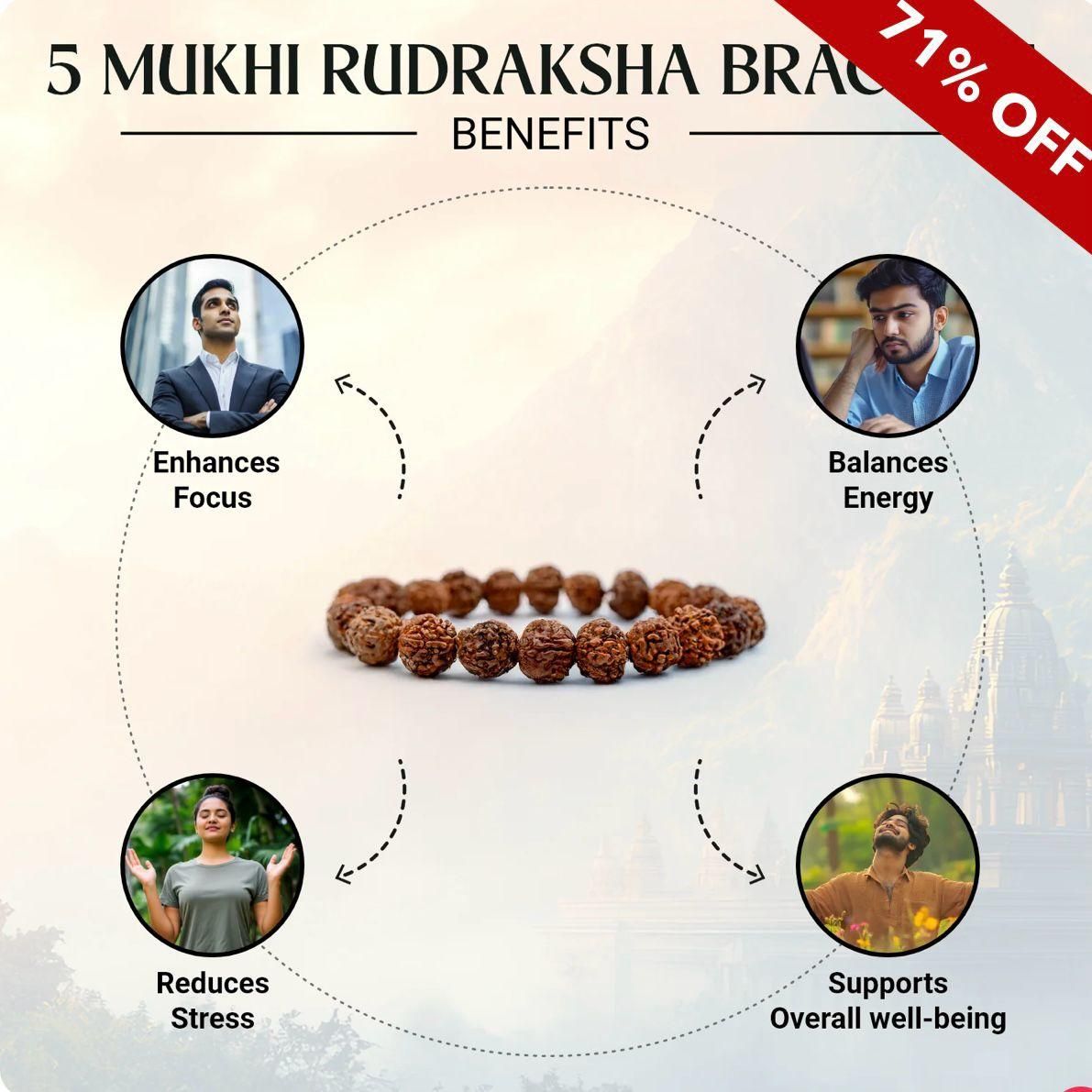 5 Mukhi Rudraksha Bracelet – Natural Brown Rudraksha, Free Size, Pack of 1