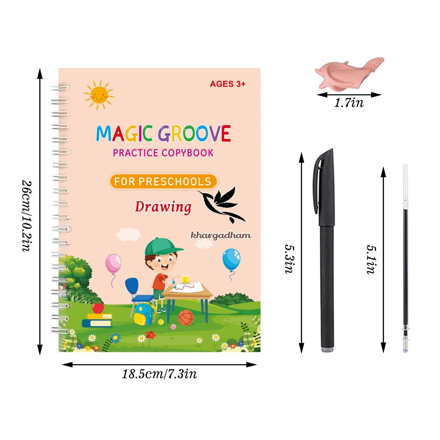 Sank Magic Practice Copybook Set (4 Books + 1 Pen + 1 Grip + 10 Refills) – Pack of 1