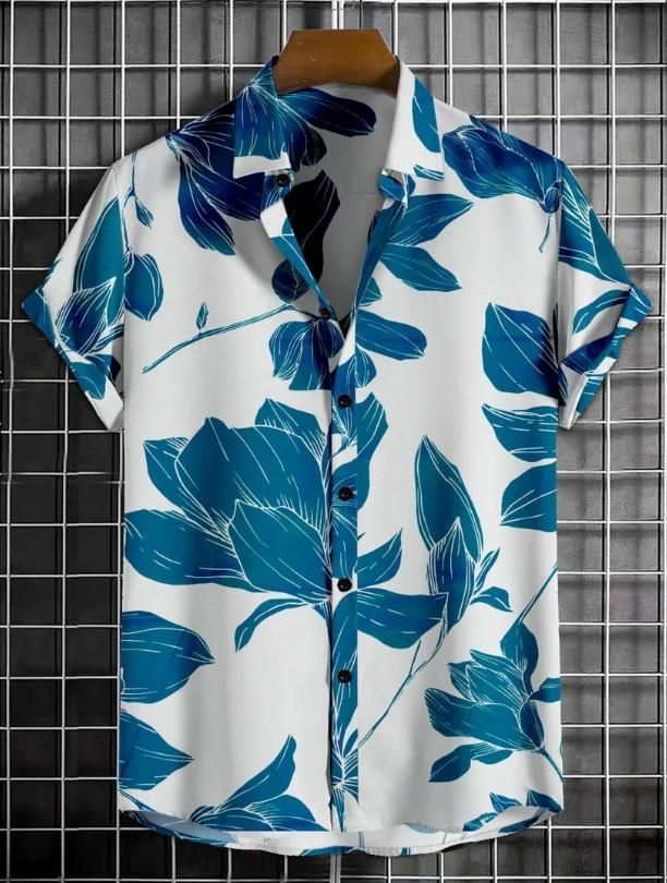 Men’s Printed Half Sleeves Casual Shirt – Regular Fit, Cotton, White & Blue (Pack of 1)