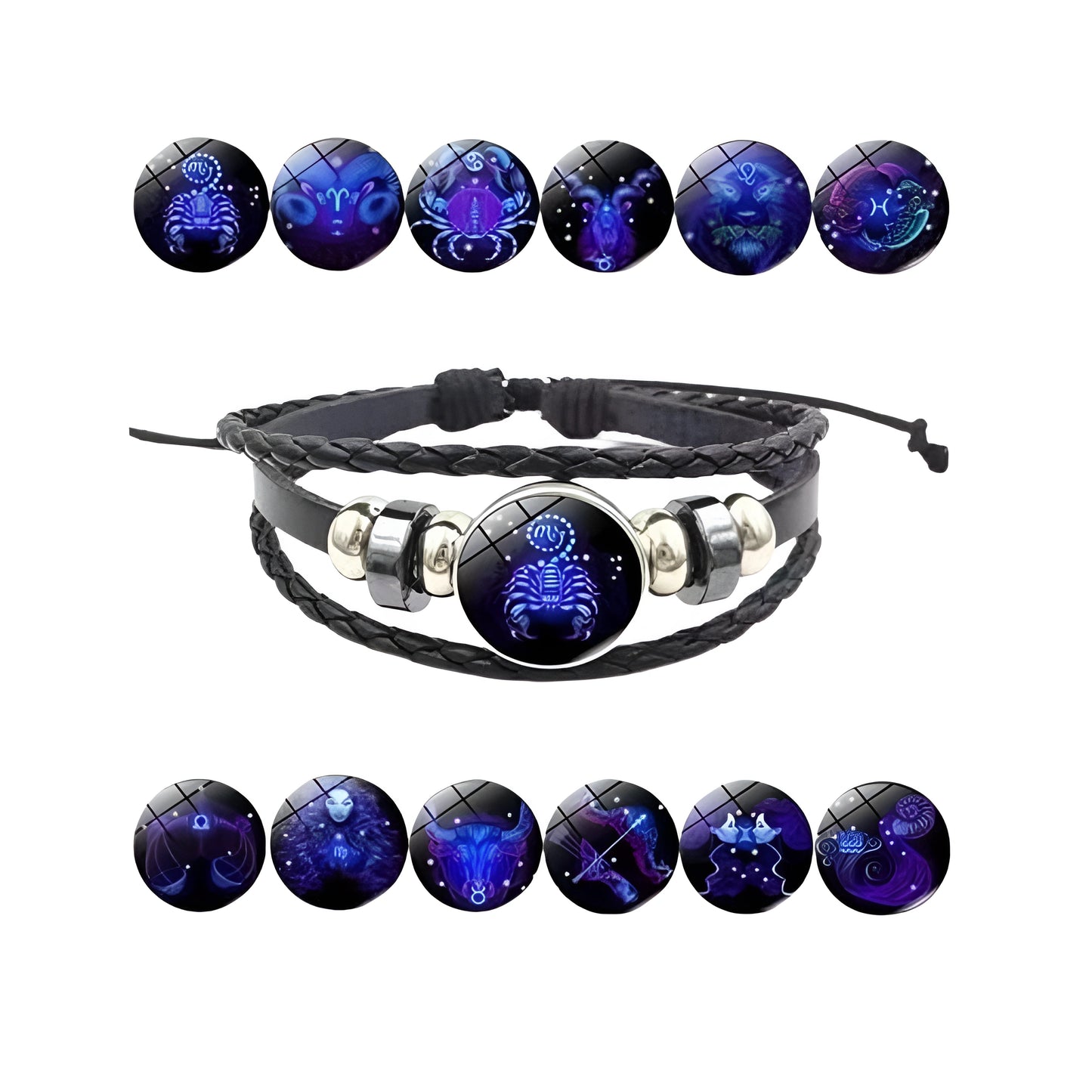 Constellation Zodiac Guardian Bracelet – Adjustable Black Leather, Alloy Zinc Metal, Pack of 1