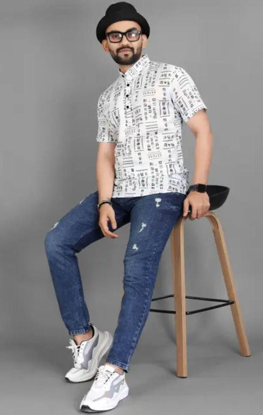 Men’s Printed Half Sleeves Casual Shirt – Regular Fit, Cotton, White & Black, Spread Collar (Pack of 1)