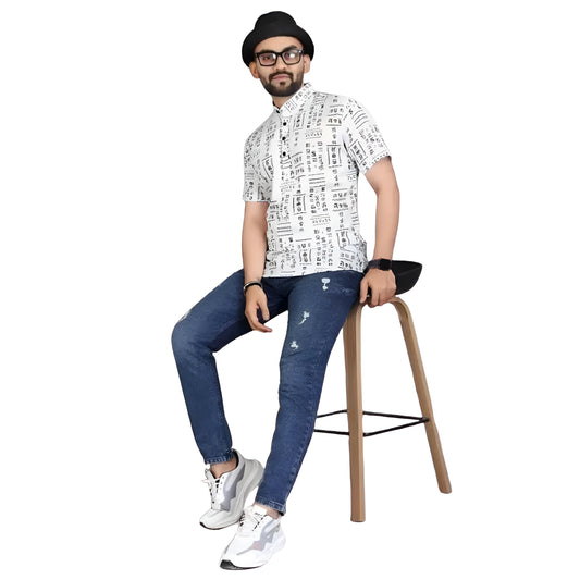 Men’s Printed Half Sleeves Casual Shirt – Regular Fit, Cotton, White & Black, Spread Collar (Pack of 1)