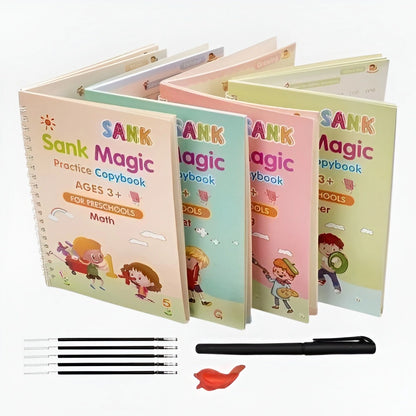 Sank Magic Practice Copybook Set (4 Books + 1 Pen + 1 Grip + 10 Refills) – Pack of 1