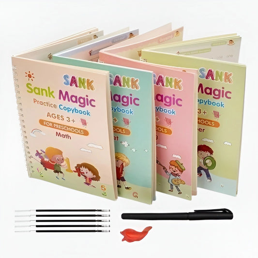 Sank Magic Practice Copybook Set (4 Books + 1 Pen + 1 Grip + 10 Refills) – Pack of 1