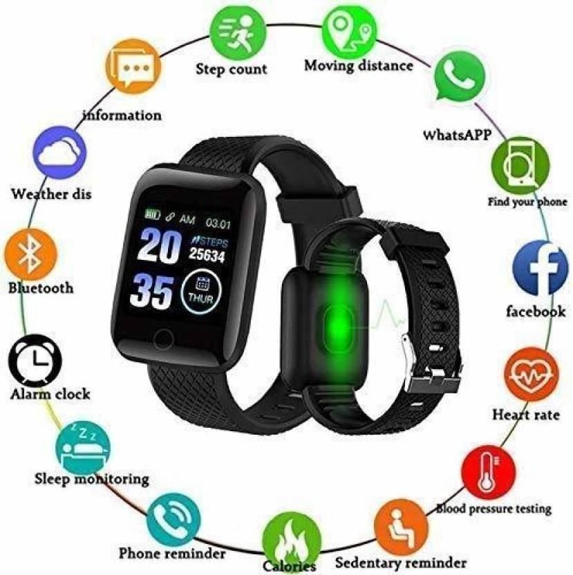 ID116 Plus Smart Fitness Tracker – Color Screen Smartwatch with Silicone Strap (Black)