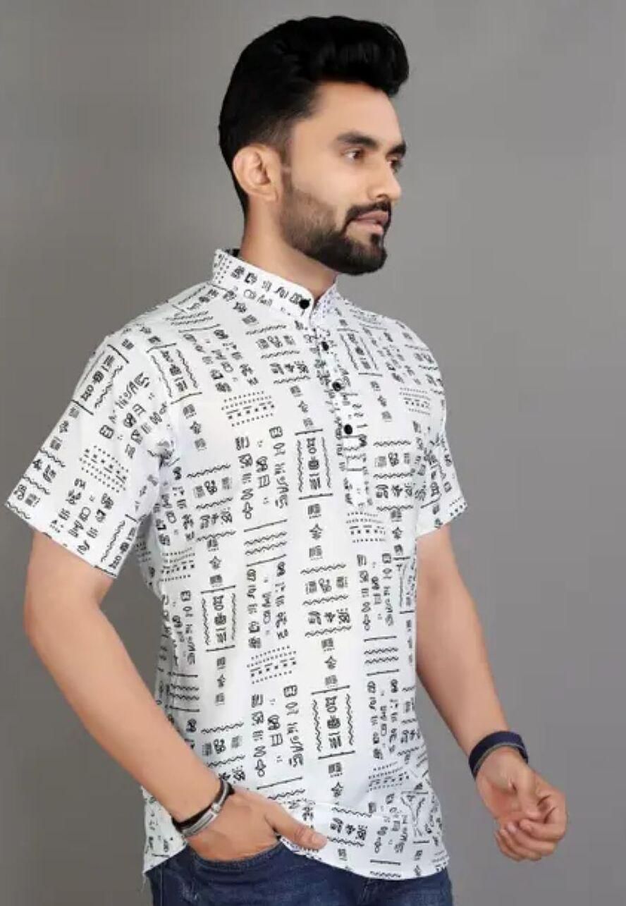 Men’s Printed Half Sleeves Casual Shirt – Regular Fit, Cotton, White & Black, Spread Collar (Pack of 1)